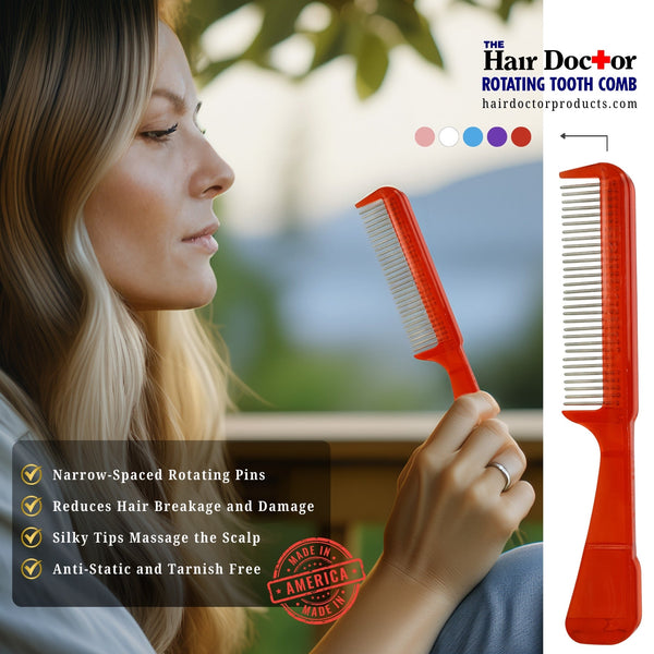 Handle Comb with Narrow Spaced Rotating Pins Reduces Hair Damage. Hair Doctor Products